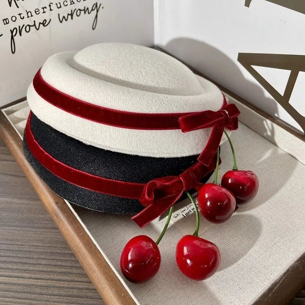 Velvet Beanie Hat + Bow Tie Hair Clip, Cherry Accent, And Soft Knit + French Style - SN Wigs & More
