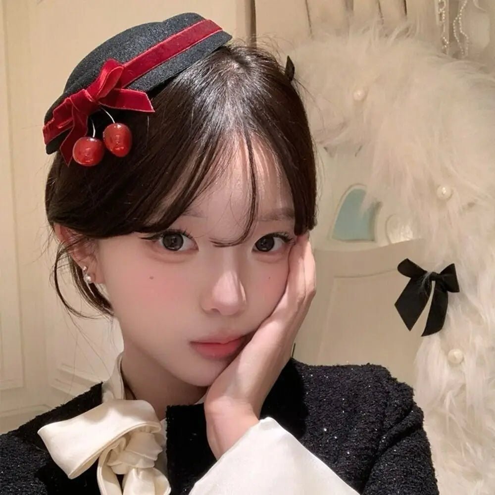 Velvet Beanie Hat + Bow Tie Hair Clip, Cherry Accent, And Soft Knit + French Style - SN Wigs & More