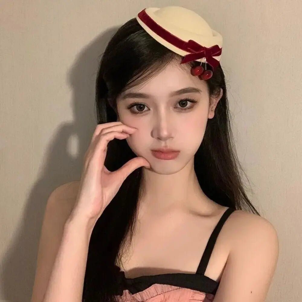 Velvet Beanie Hat + Bow Tie Hair Clip, Cherry Accent, And Soft Knit + French Style - SN Wigs & More