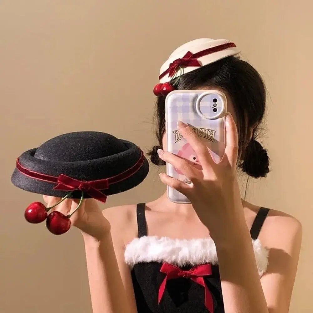 Velvet Beanie Hat + Bow Tie Hair Clip, Cherry Accent, And Soft Knit + French Style - SN Wigs & More