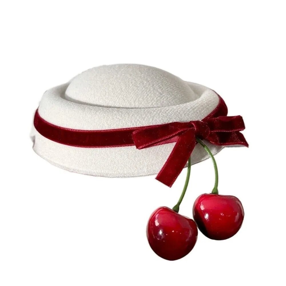 Velvet Beanie Hat + Bow Tie Hair Clip, Cherry Accent, And Soft Knit + French Style - SN Wigs & More