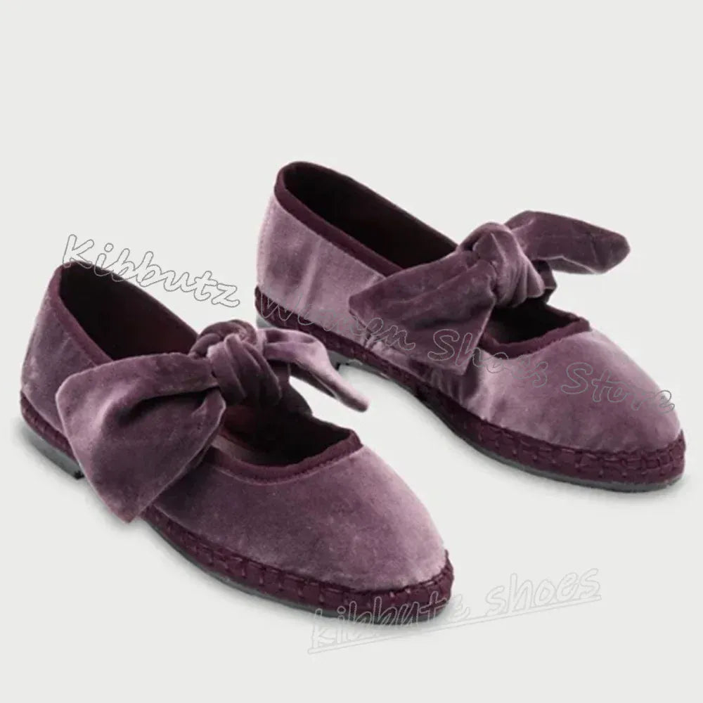Velvet Bows Pumps Knots Solid Color Slip-On Round Toe Flat with Novelty Fashion Luxury Elegant Comfortable Sexy Women Shoes New