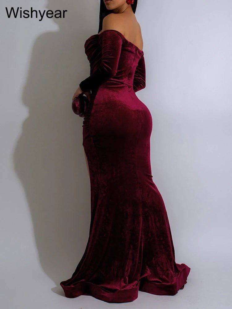 Velvet Off Shoulder Long Sleeve Dress With Ruched Split Mermaid Silhouette - Elegant Evening Wear - SN Wigs & More