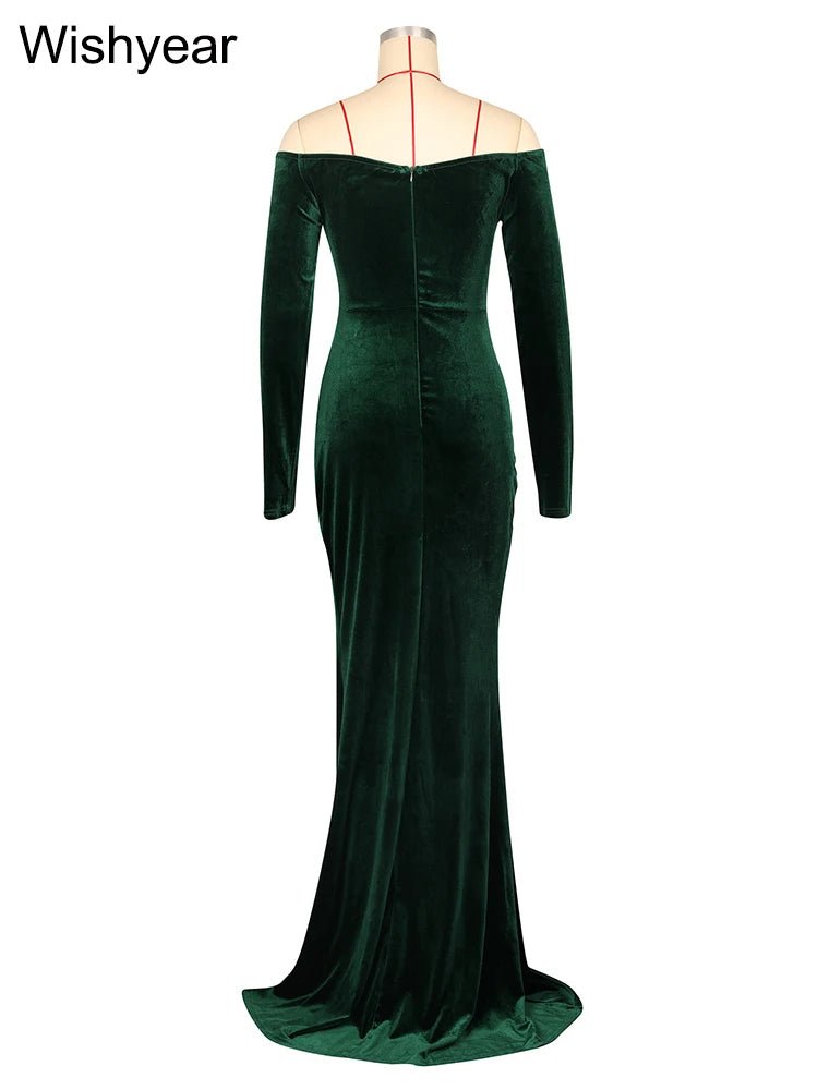Velvet Off Shoulder Long Sleeve Dress With Ruched Split Mermaid Silhouette - Elegant Evening Wear - SN Wigs & More