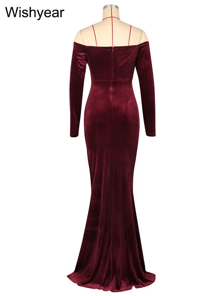 Velvet Off Shoulder Long Sleeve Dress With Ruched Split Mermaid Silhouette - Elegant Evening Wear - SN Wigs & More
