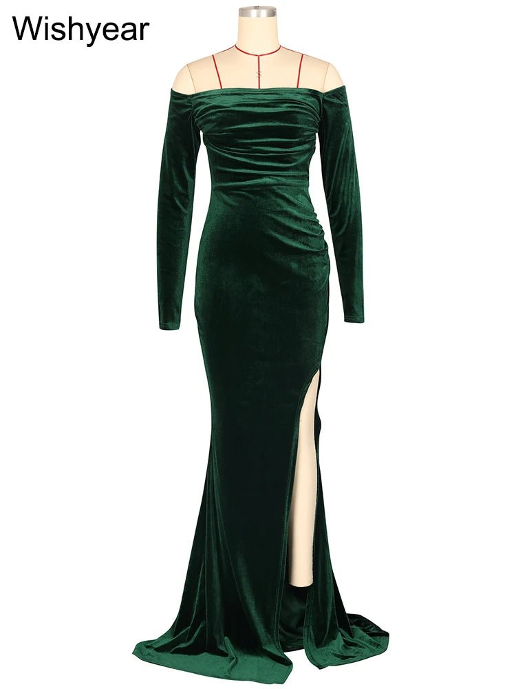 Velvet Off Shoulder Long Sleeve Dress With Ruched Split Mermaid Silhouette - Elegant Evening Wear - SN Wigs & More