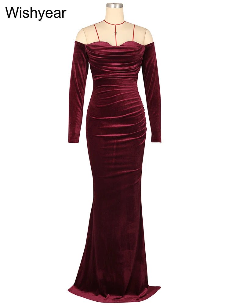 Velvet Off Shoulder Long Sleeve Dress With Ruched Split Mermaid Silhouette - Elegant Evening Wear - SN Wigs & More