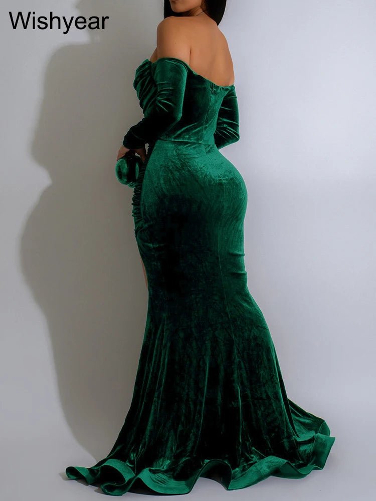 Velvet Off Shoulder Long Sleeve Dress With Ruched Split Mermaid Silhouette - Elegant Evening Wear - SN Wigs & More