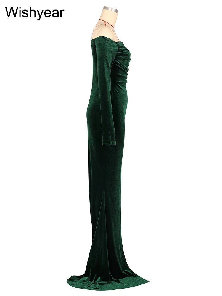 Velvet Off Shoulder Long Sleeve Dress With Ruched Split Mermaid Silhouette - Elegant Evening Wear - SN Wigs & More