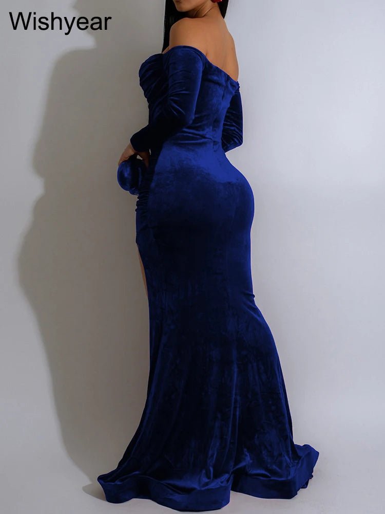 Velvet Off Shoulder Long Sleeve Dress With Ruched Split Mermaid Silhouette - Elegant Evening Wear - SN Wigs & More