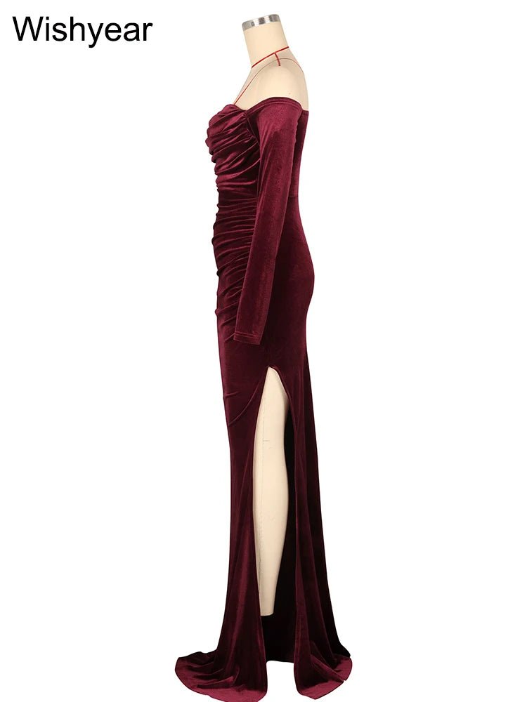 Velvet Off Shoulder Long Sleeve Dress With Ruched Split Mermaid Silhouette - Elegant Evening Wear - SN Wigs & More