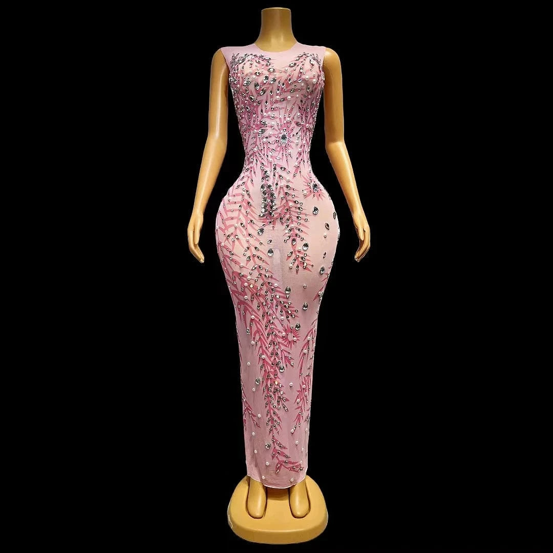 Vestido Pink See Through Crystal Pearls Birthday Party Long Dress Slim Fit Banquet Dress Women Sexy Formal Prom Evening Dresses