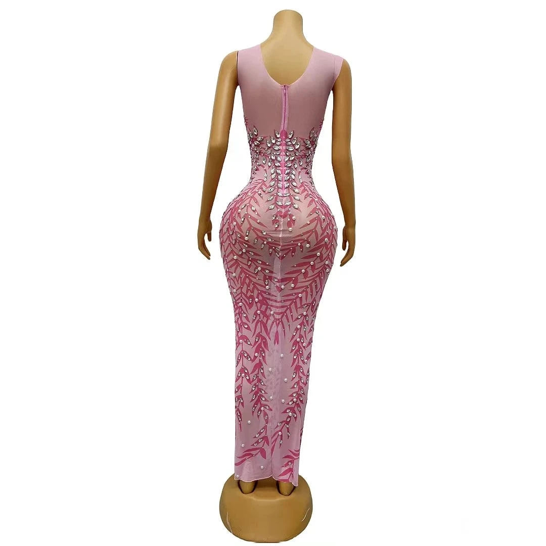 Vestido Pink See Through Crystal Pearls Birthday Party Long Dress Slim Fit Banquet Dress Women Sexy Formal Prom Evening Dresses