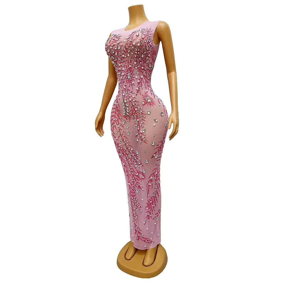 Vestido Pink See Through Crystal Pearls Birthday Party Long Dress Slim Fit Banquet Dress Women Sexy Formal Prom Evening Dresses