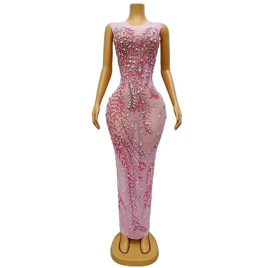 Vestido Pink See Through Crystal Pearls Birthday Party Long Dress Slim Fit Banquet Dress Women Sexy Formal Prom Evening Dresses