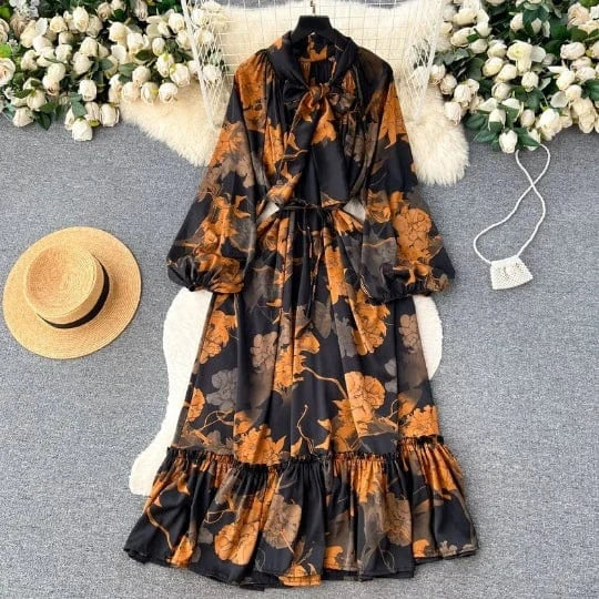 Vestido Women'S Maxi Dress 2024 Ruffle Long Sleeve Drawstring Vintage Maxi Luxury Chiffon Kaftan Dresses For Women