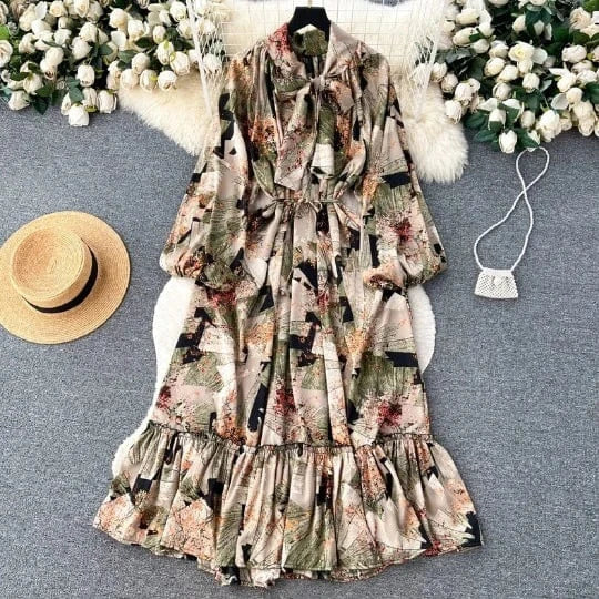 Vestido Women'S Maxi Dress 2024 Ruffle Long Sleeve Drawstring Vintage Maxi Luxury Chiffon Kaftan Dresses For Women