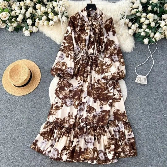 Vestido Women'S Maxi Dress 2024 Ruffle Long Sleeve Drawstring Vintage Maxi Luxury Chiffon Kaftan Dresses For Women