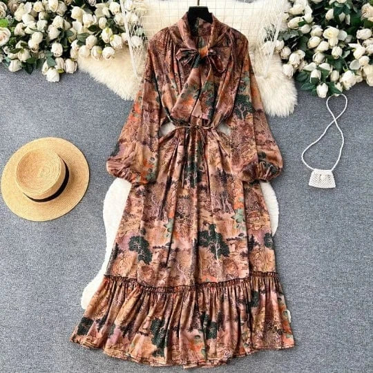 Vestido Women'S Maxi Dress 2024 Ruffle Long Sleeve Drawstring Vintage Maxi Luxury Chiffon Kaftan Dresses For Women