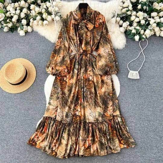 Vestido Women'S Maxi Dress 2024 Ruffle Long Sleeve Drawstring Vintage Maxi Luxury Chiffon Kaftan Dresses For Women