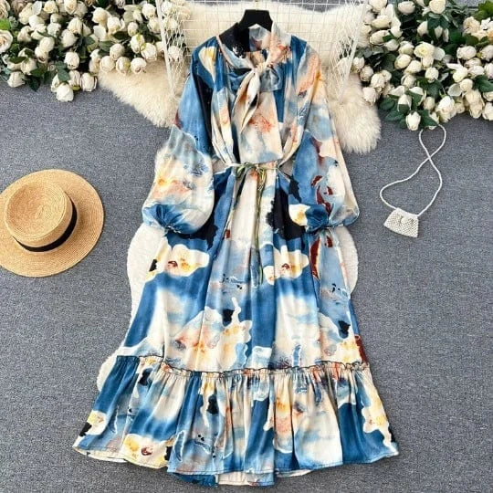 Vestido Women'S Maxi Dress 2024 Ruffle Long Sleeve Drawstring Vintage Maxi Luxury Chiffon Kaftan Dresses For Women