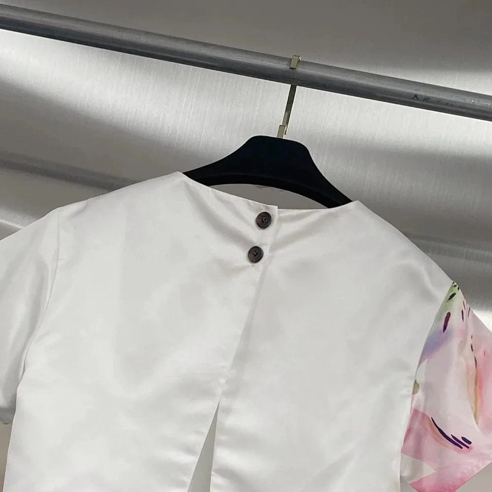 VGH Casual Printed Two Piece Set Fot Women O Neck Short Sleeve Top High Waist Slimming Flare Trousers Fashionable Suit Female