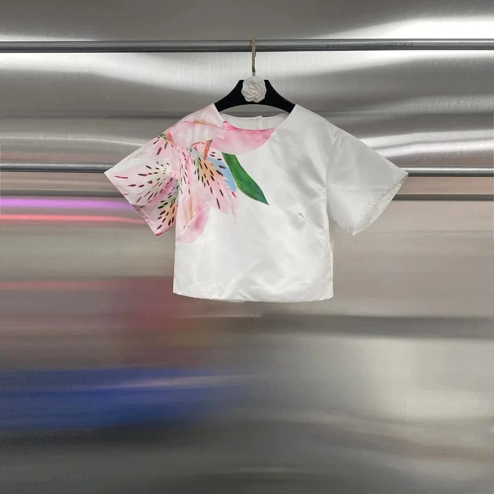 VGH Casual Printed Two Piece Set Fot Women O Neck Short Sleeve Top High Waist Slimming Flare Trousers Fashionable Suit Female