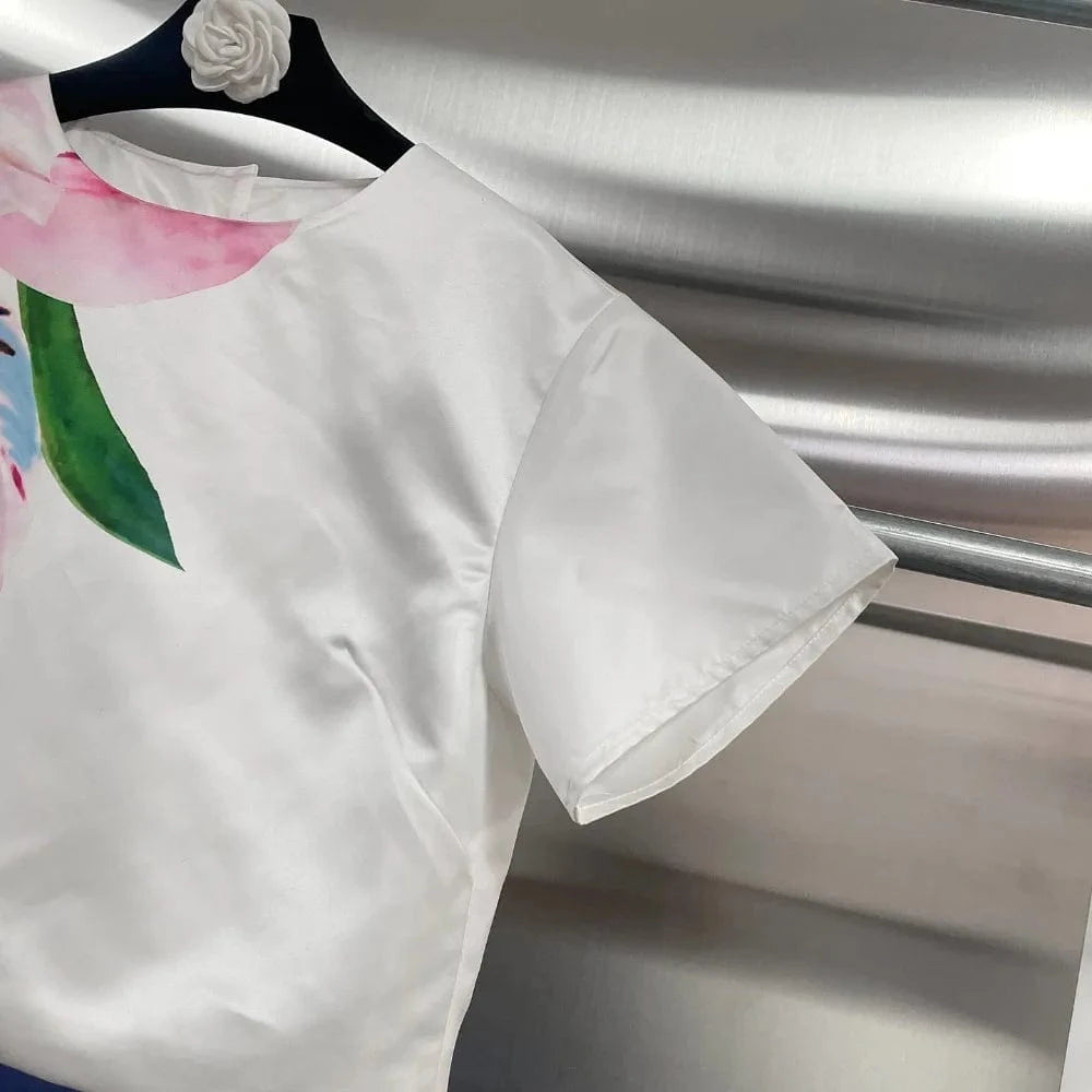 VGH Casual Printed Two Piece Set Fot Women O Neck Short Sleeve Top High Waist Slimming Flare Trousers Fashionable Suit Female