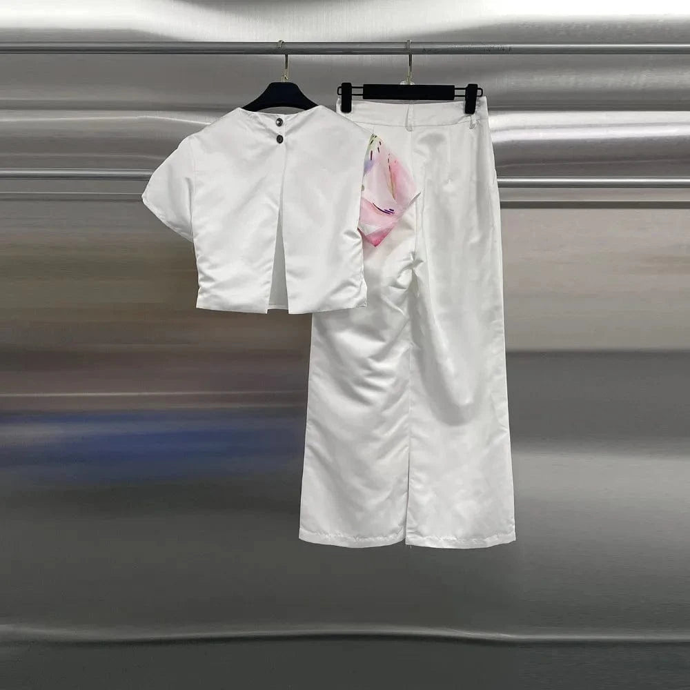 VGH Casual Printed Two Piece Set Fot Women O Neck Short Sleeve Top High Waist Slimming Flare Trousers Fashionable Suit Female