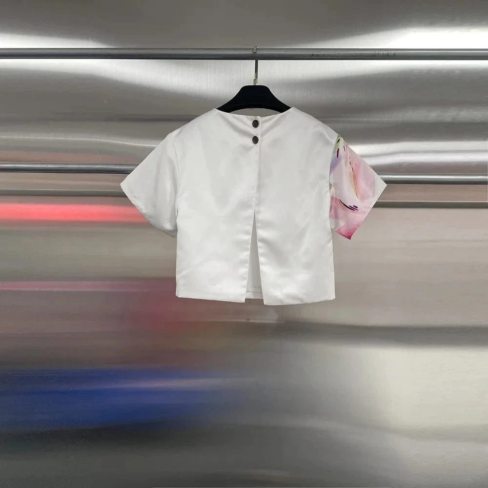 VGH Casual Printed Two Piece Set Fot Women O Neck Short Sleeve Top High Waist Slimming Flare Trousers Fashionable Suit Female