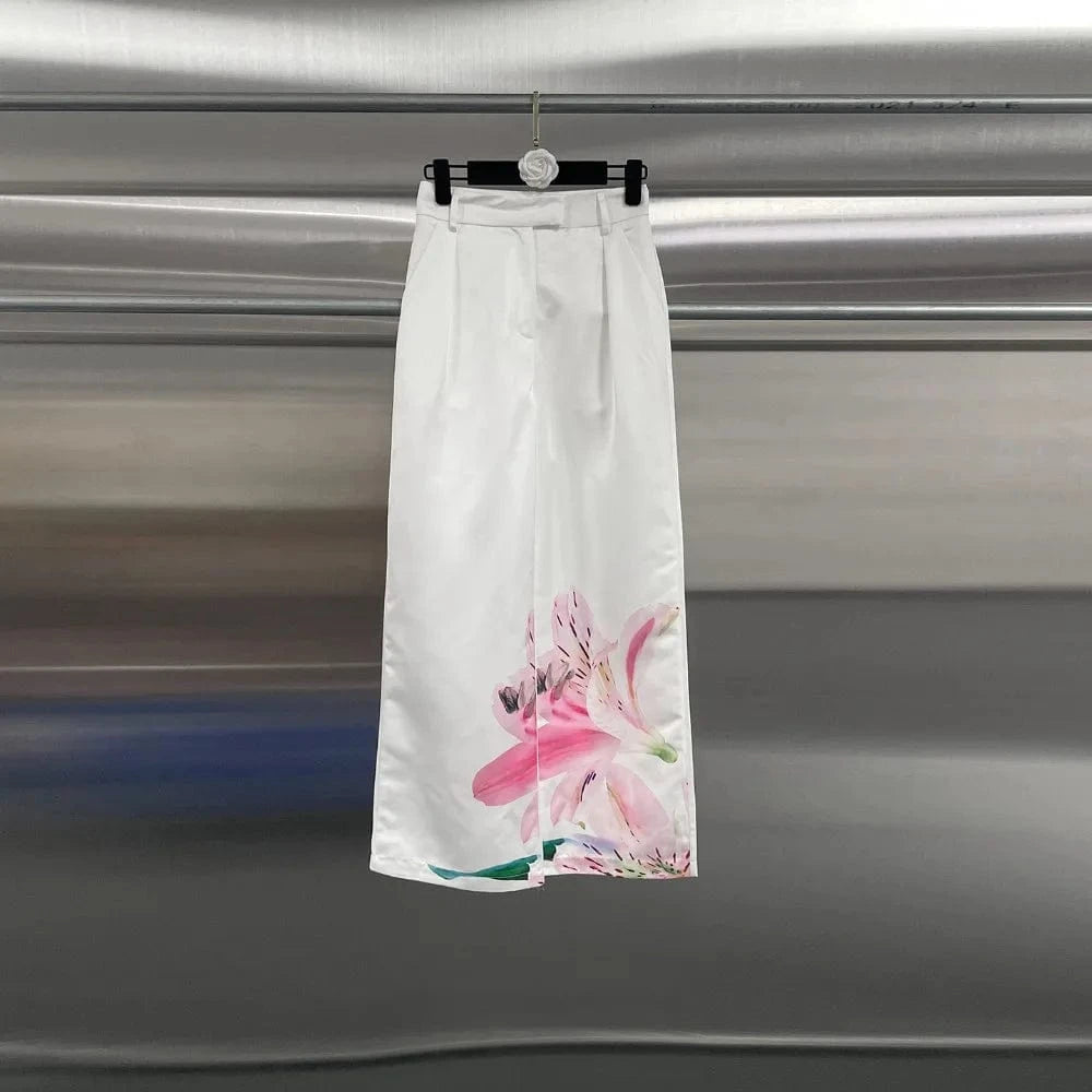 VGH Casual Printed Two Piece Set Fot Women O Neck Short Sleeve Top High Waist Slimming Flare Trousers Fashionable Suit Female