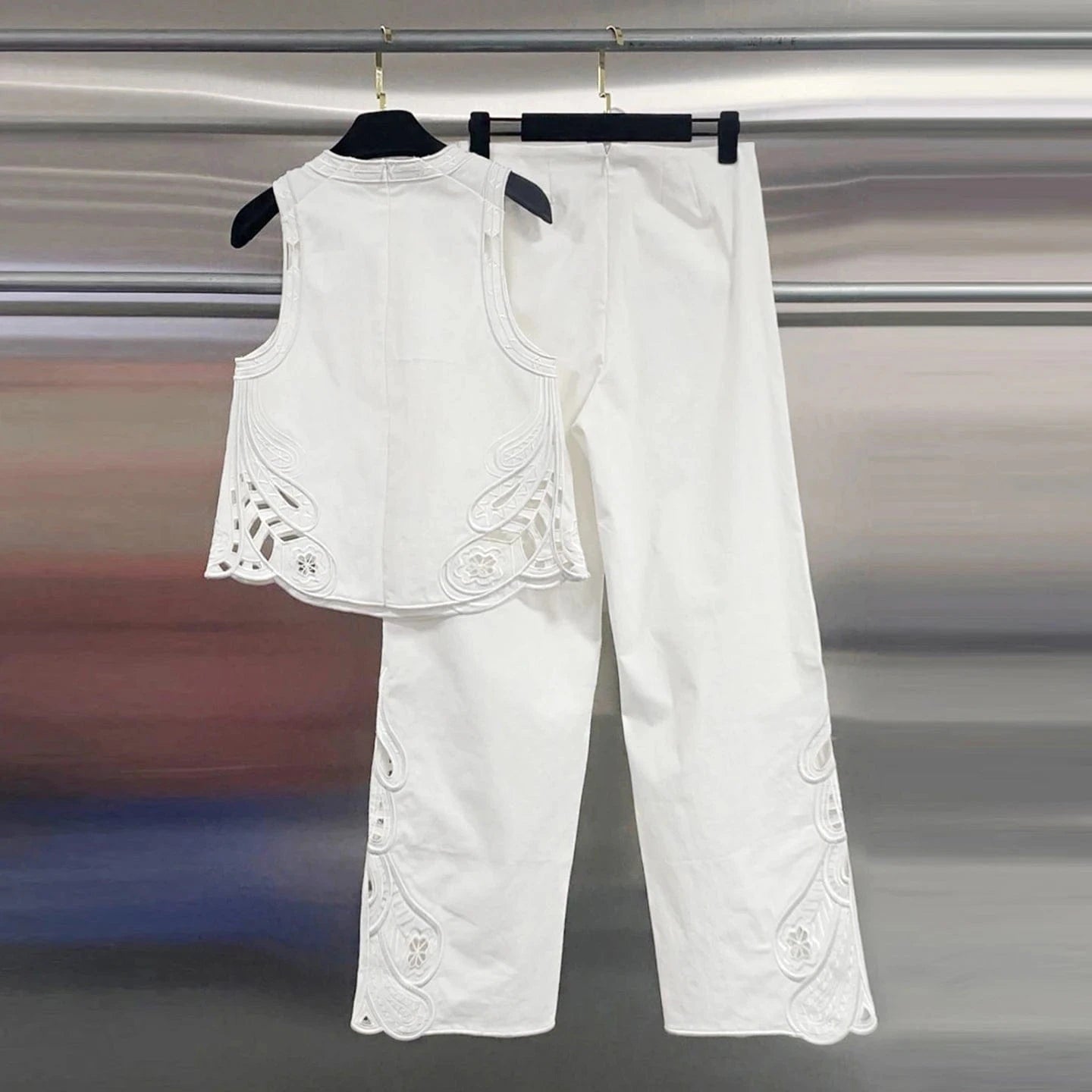 VGH Casual Two Piece Sets for Women O Neck Sleeveless Vest Hollow Out High Wasit Holiday Style Wide Leg Trousers Suit Female New