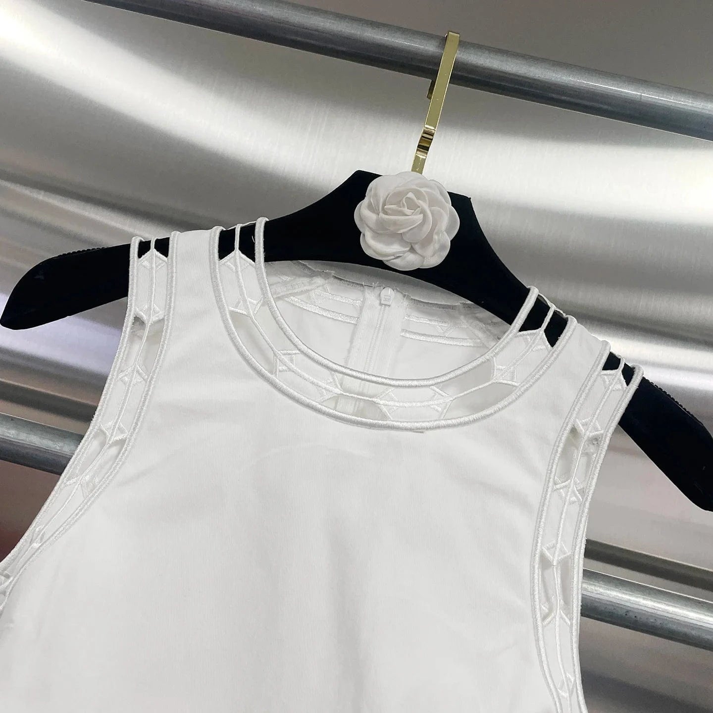 VGH Casual Two Piece Sets for Women O Neck Sleeveless Vest Hollow Out High Wasit Holiday Style Wide Leg Trousers Suit Female New