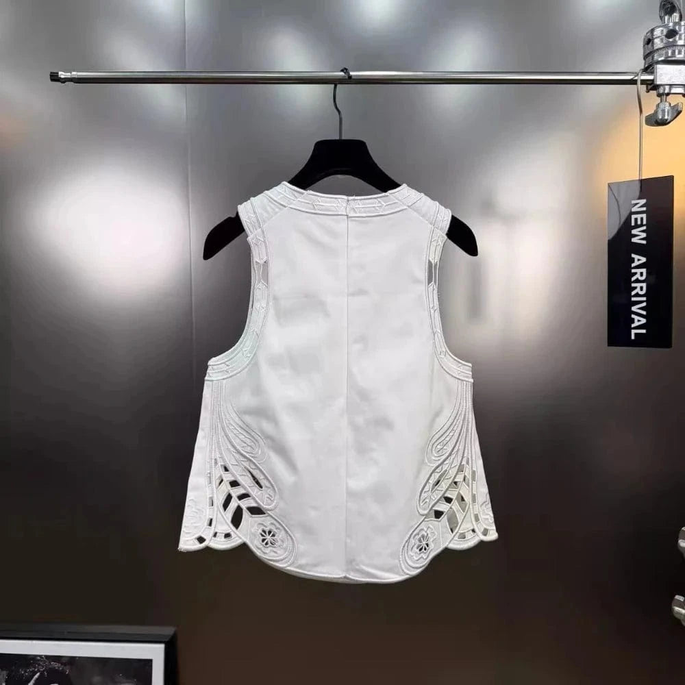 VGH Casual Two Piece Sets for Women O Neck Sleeveless Vest Hollow Out High Wasit Holiday Style Wide Leg Trousers Suit Female New