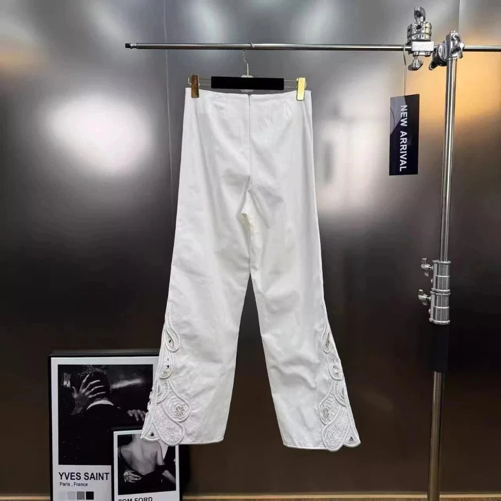 VGH Casual Two Piece Sets for Women O Neck Sleeveless Vest Hollow Out High Wasit Holiday Style Wide Leg Trousers Suit Female New