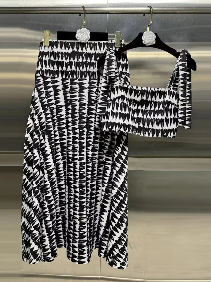 VGH Colorblock Printing Two Piece Set for Women Square Collar Sleeveless Top High Waist Slim A Line Maxi Skirts Sexy Sets Female