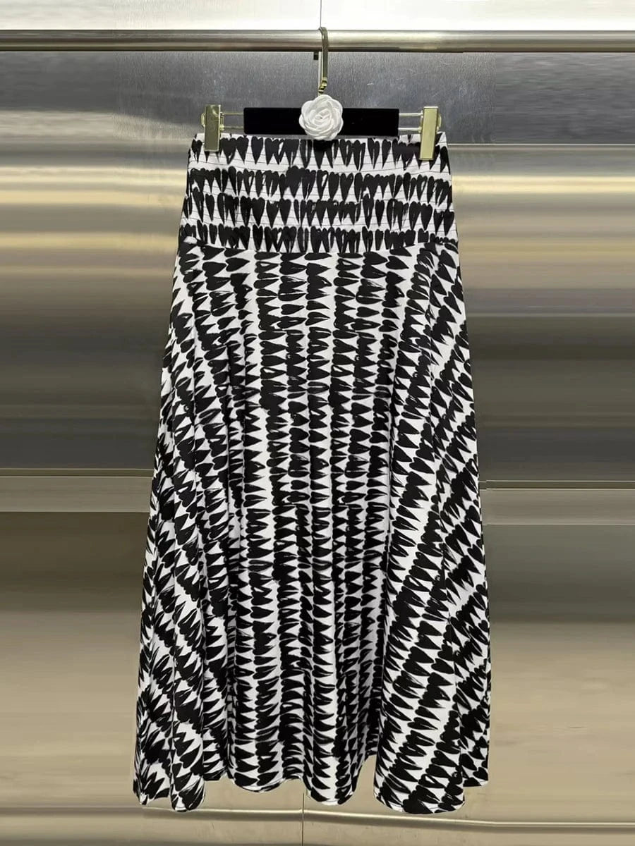 VGH Colorblock Printing Two Piece Set for Women Square Collar Sleeveless Top High Waist Slim A Line Maxi Skirts Sexy Sets Female