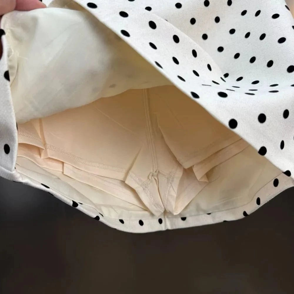 VGH Dot Printing Two Piece Set for Women Halter Neck Sleeveless Spliced Ruffles Edge Vest Mini Skirt French Fashion Sets Female