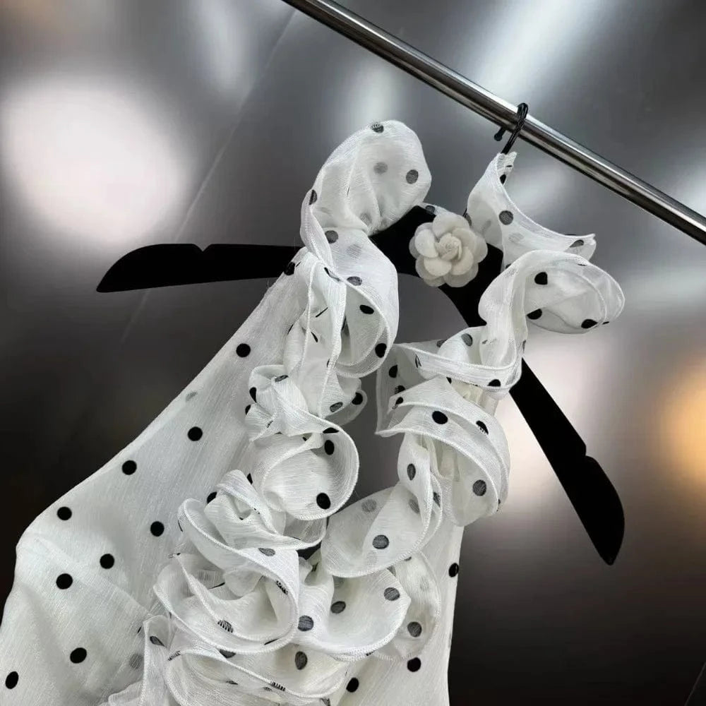 VGH Dot Printing Two Piece Set for Women Halter Neck Sleeveless Spliced Ruffles Edge Vest Mini Skirt French Fashion Sets Female