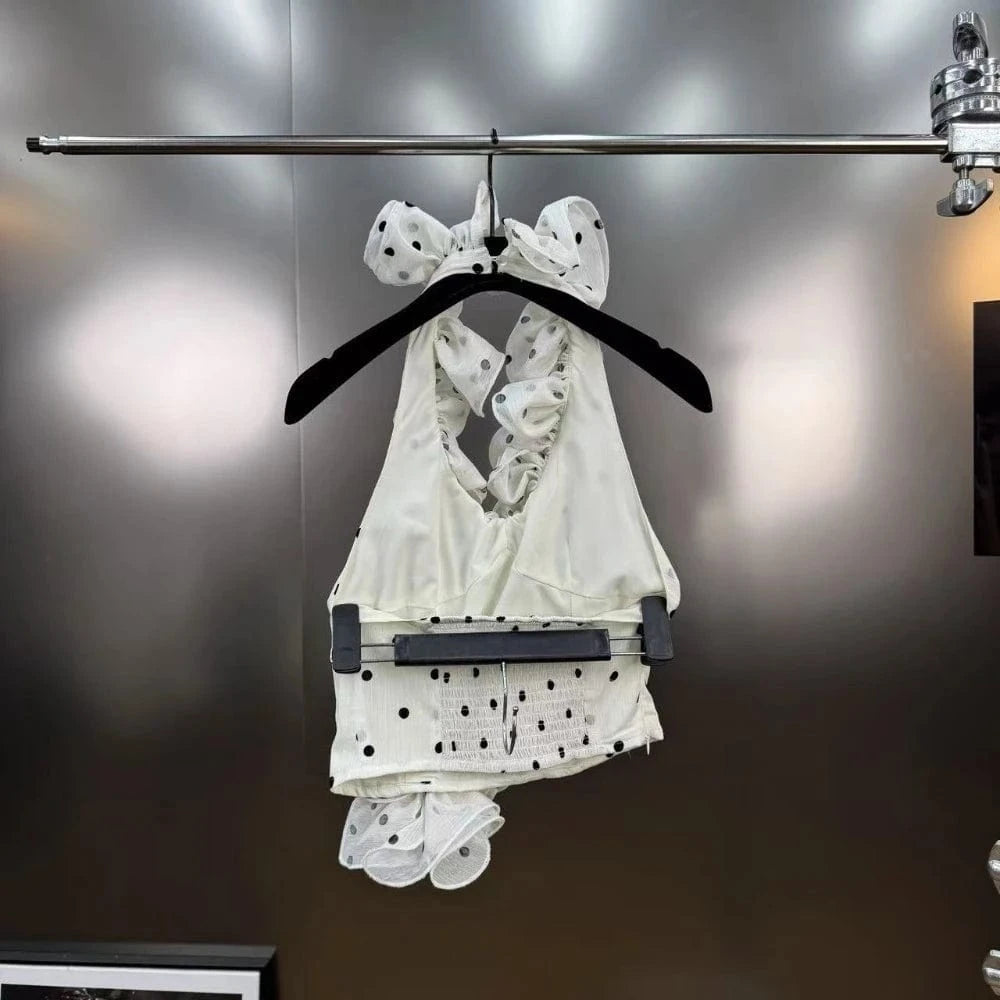 VGH Dot Printing Two Piece Set for Women Halter Neck Sleeveless Spliced Ruffles Edge Vest Mini Skirt French Fashion Sets Female