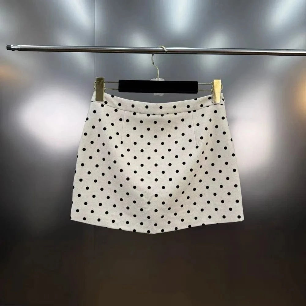 VGH Dot Printing Two Piece Set for Women Halter Neck Sleeveless Spliced Ruffles Edge Vest Mini Skirt French Fashion Sets Female