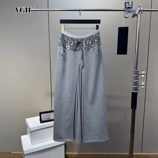 VGH Elegant Office Lady Patchwork Sequined Long Skirt for Women High Waist Spliced Mesh Split Temperament Skirts Female Spring