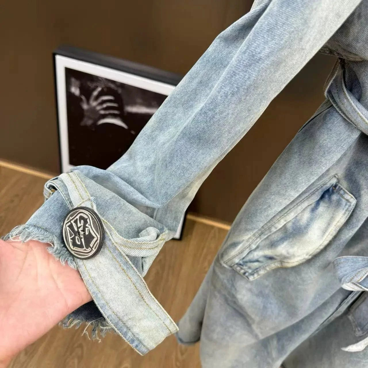 VGH Fashionable Patchwork Bandage Windbreaker for Women Lapel Long Sleeve Slimming Temperament Denim Jacket Female Autumn Style