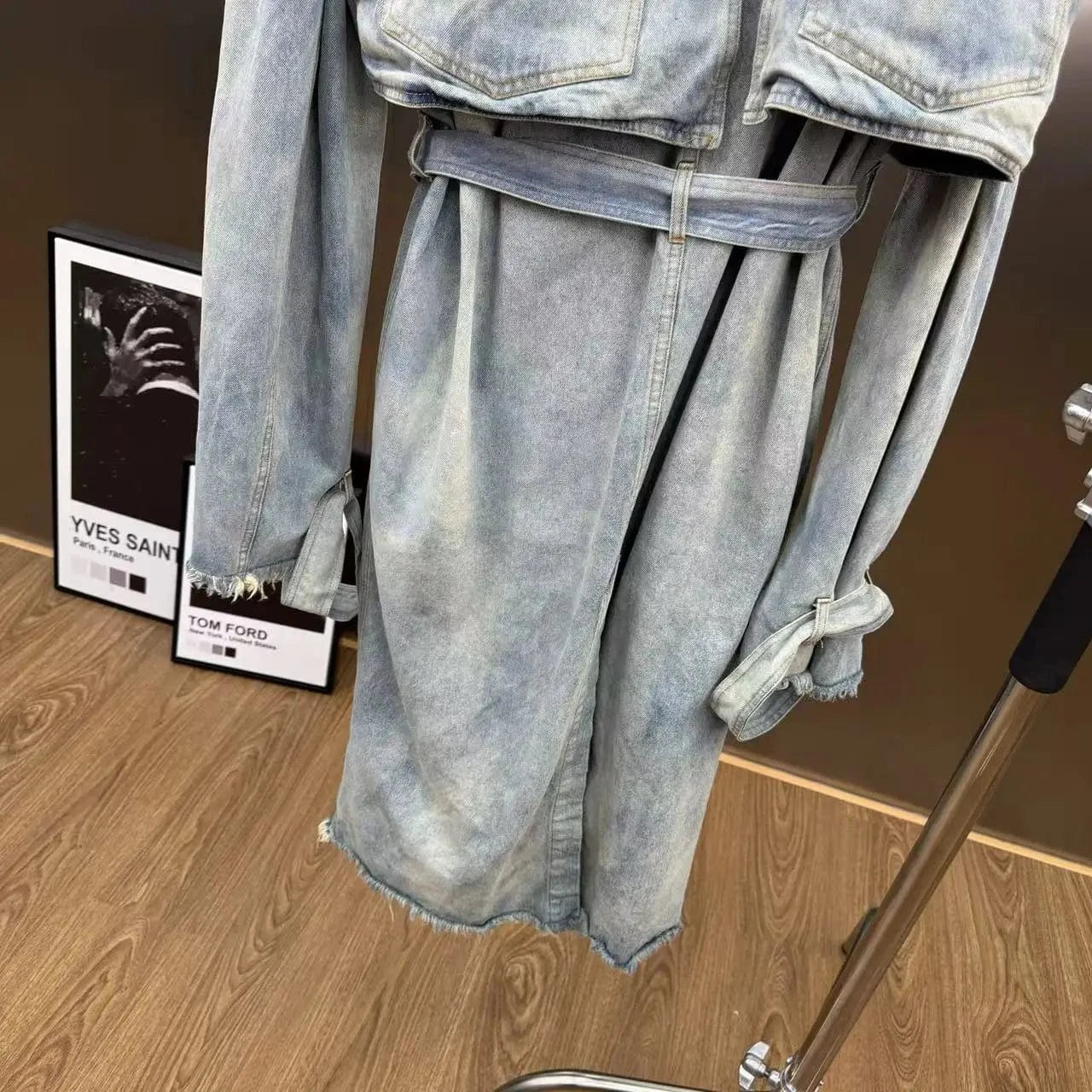 VGH Fashionable Patchwork Bandage Windbreaker for Women Lapel Long Sleeve Slimming Temperament Denim Jacket Female Autumn Style