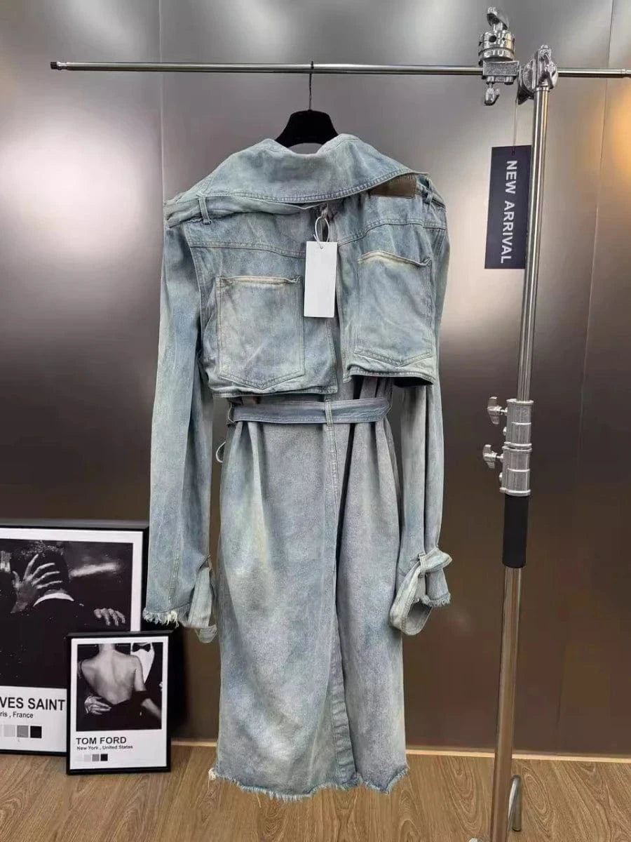 VGH Fashionable Patchwork Bandage Windbreaker for Women Lapel Long Sleeve Slimming Temperament Denim Jacket Female Autumn Style