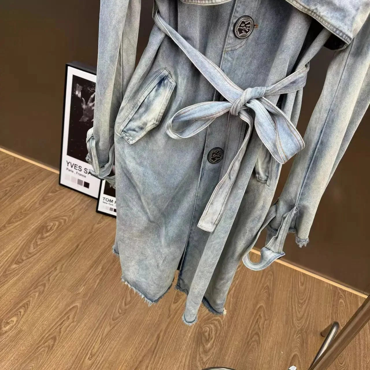 VGH Fashionable Patchwork Bandage Windbreaker for Women Lapel Long Sleeve Slimming Temperament Denim Jacket Female Autumn Style