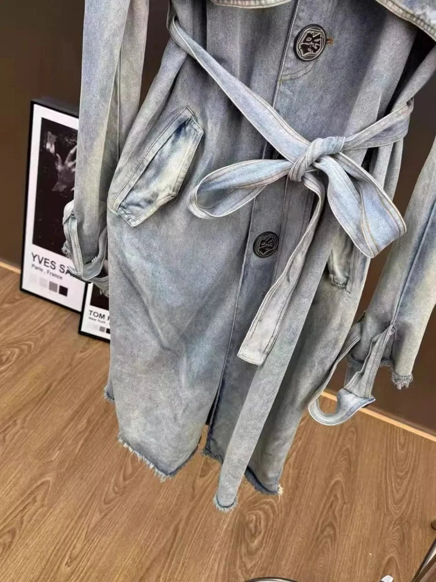 VGH Fashionable Patchwork Bandage Windbreaker for Women Lapel Long Sleeve Slimming Temperament Denim Jacket Female Autumn Style