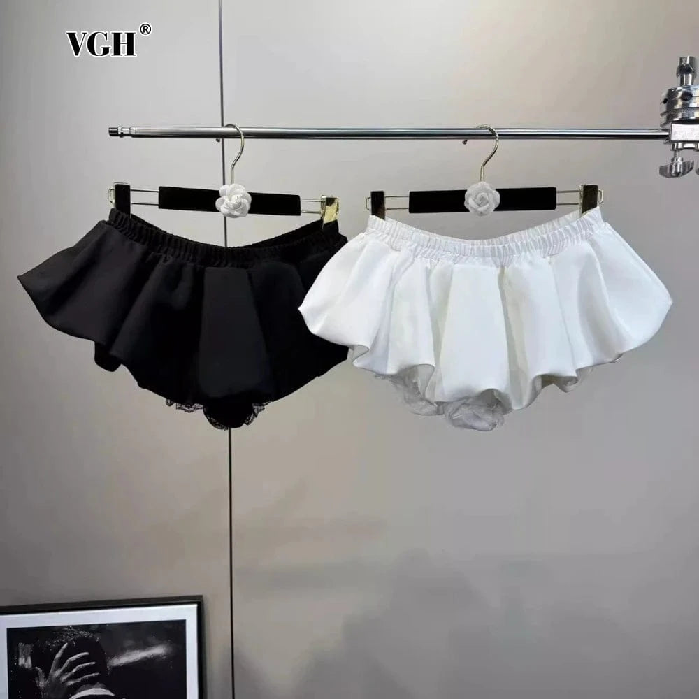 VGH Hotsweet Flower Bud Skirt for Women Spliced Elastic Pleated Slimming Solid Summer Fashion Short Skirts Female Clothing New