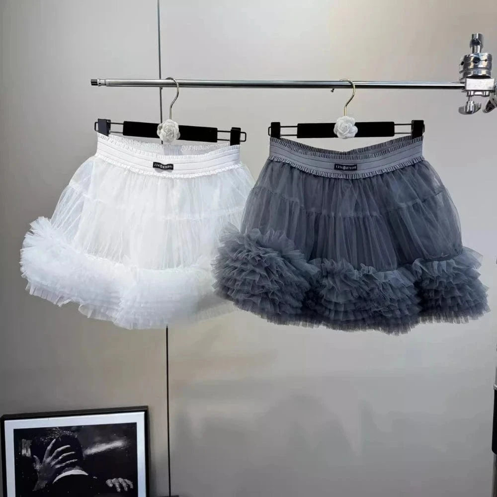 VGH Patchwork Tierred Mesh Ball Gown for Women High Waist Spliced Elastic Solid Sweet Fashion Style Mini Skirts Female Clothes