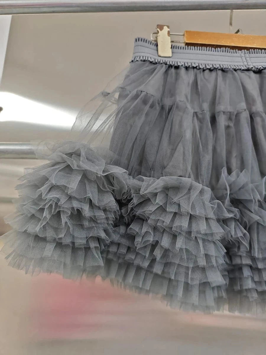 VGH Patchwork Tierred Mesh Ball Gown for Women High Waist Spliced Elastic Solid Sweet Fashion Style Mini Skirts Female Clothes